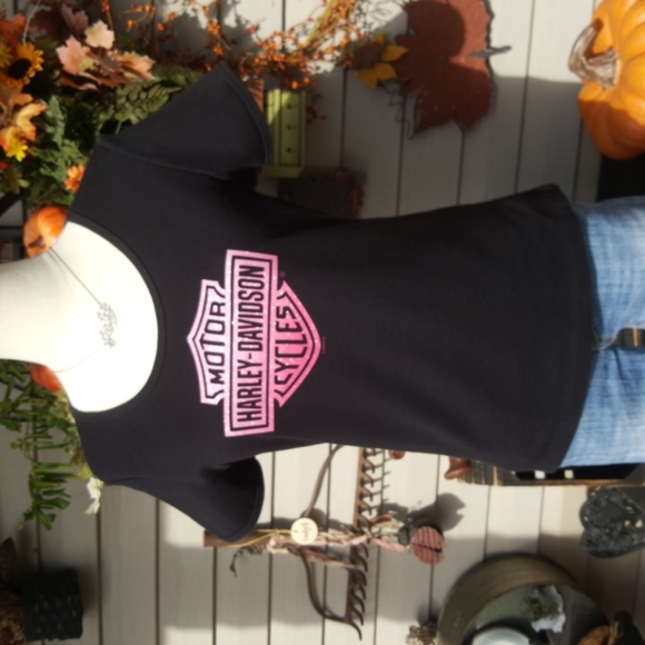 HARLEY-DAVIDSON ♡ Gorgeous Black|Pink Bar 'n Shield Thick Short Sleeve H-D Top M - Picture 5 of 16